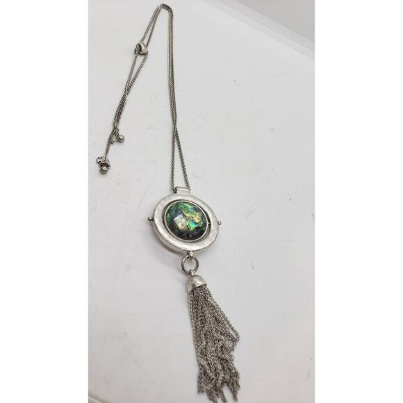 Vintage Abalone Mother of Pearl Reversible Pendant Necklace Silver Tone Tassel - Picture 3 of 10